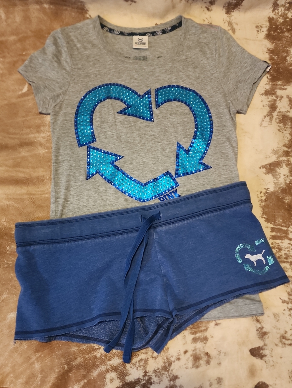 Rare Find Save Water Share A Shower Tee With Matching Recycle Blue Shorts Set. M